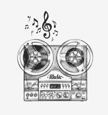 Vintage reel için kayıt cihazı elle çizilmiş. Müzik kroki. Vektör çizim