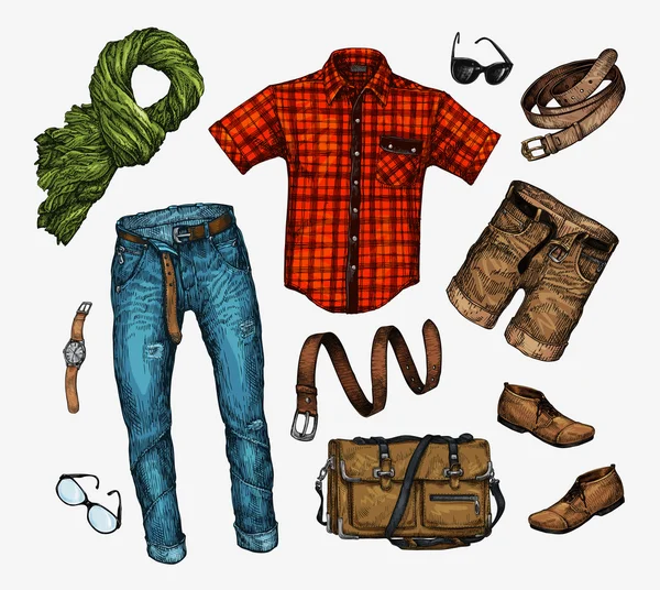 Son moda erkek giysileri kümesi. Erkek atkısı, gömlek, çanta, kot, pantolon, şort, deri kemer, Ayakkabı, kıyafet — Stok Vektör