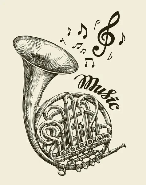 Müzikal Fransız kornosu çizilmiş. Kroki vintage trompet. Vektör çizim — Stok Vektör