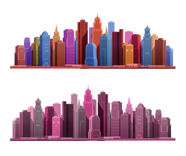 Gran ciudad con iconos de rascacielos. Ilustración vectorial — Vector de stock