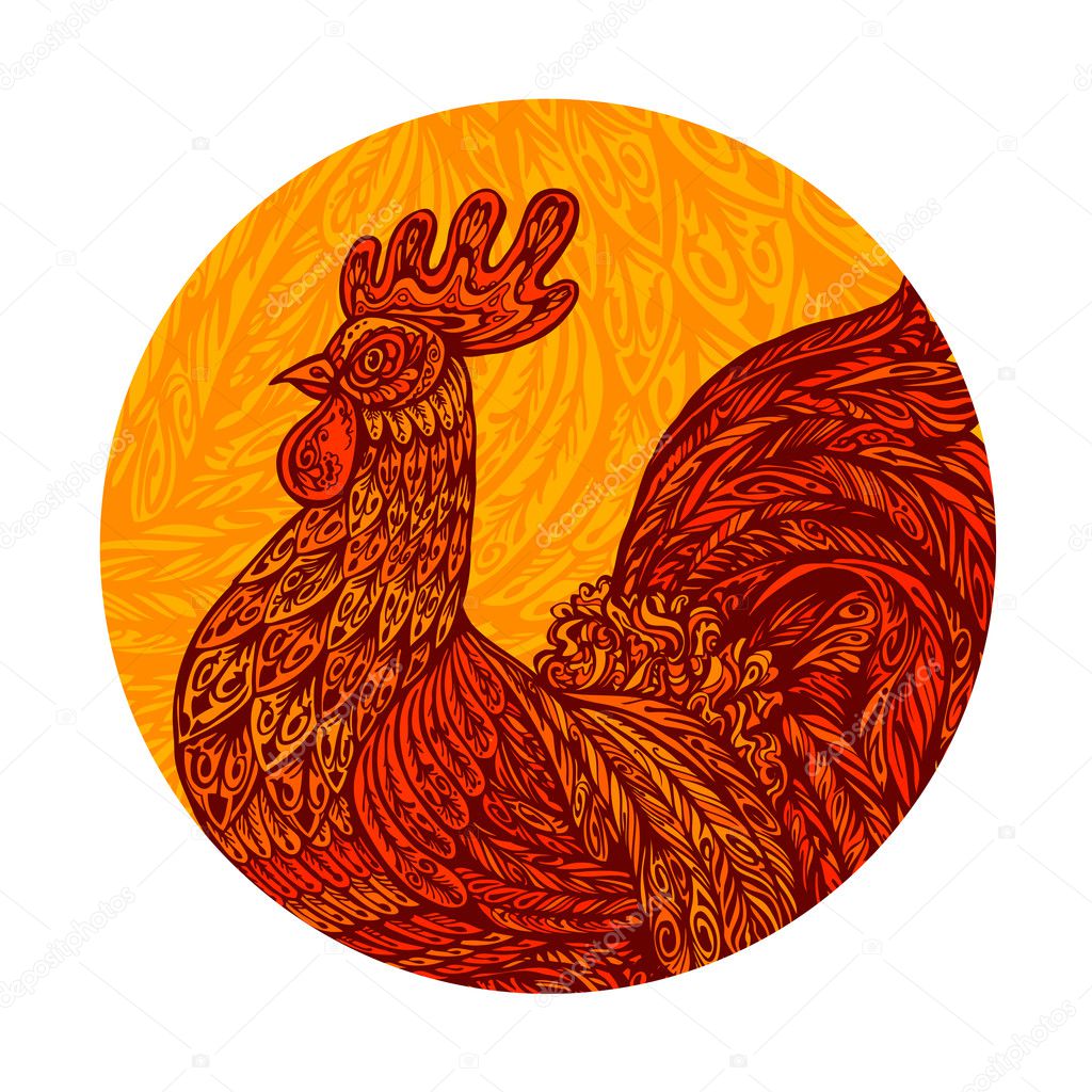 Ethnic ornamented rooster, cockerel, chicken or hen. Vector illustration