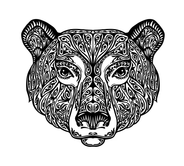 Orso, grizzly o animale dipinto ornamento etnico tribale. Illustrazione vettoriale disegnata a mano con elementi floreali — Vettoriale Stock
