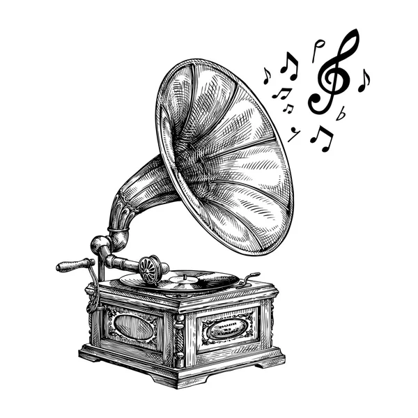 Gramophone vintage dessiné à la main avec des notes de musique. Illustration vectorielle — Image vectorielle