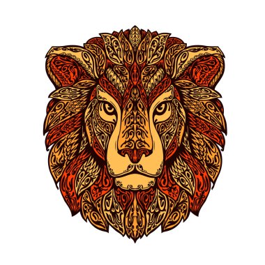 Aslan izole üzerinde beyaz arka plan baş. Çizilmiş vektör çizim çiçek elemanları ile el