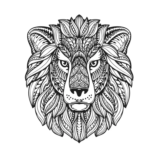 Estilo gráfico étnico León con adornos herbales y melena estampada. Ilustración vectorial — Vector de stock