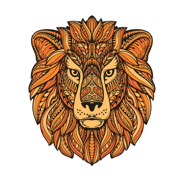 León pintado ornamento étnico tribal. Ilustración vectorial dibujada a mano con elementos florales — Vector de stock