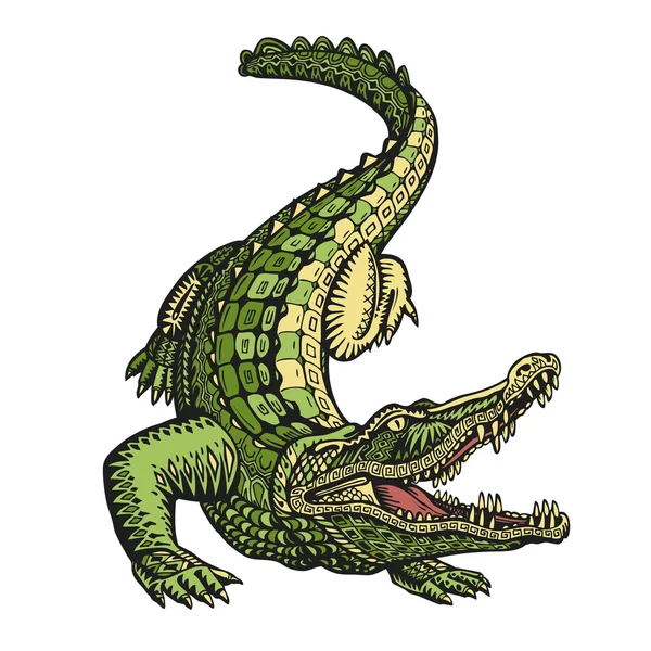 Cocodrilo o cocodrilo ornamentado étnicamente. Ilustración vectorial dibujada a mano con elementos decorativos — Vector de stock