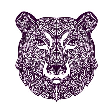 Etnik süslü ayı. Çizilmiş vektör çizim çiçek elemanları ile el