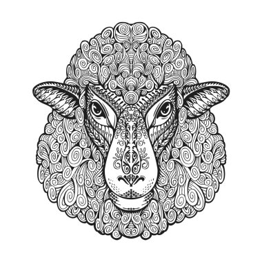 Baş koyun. Etnik desen. El vektör çizim çiçek elemanları ile çekilmiş. Kuzu, hayvan sembolü