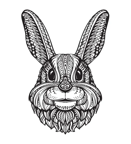 Konijn of Bunny hoofd geïsoleerd op een witte achtergrond. Hand getekende vectorillustratie van een etnische stijl — Stockvector