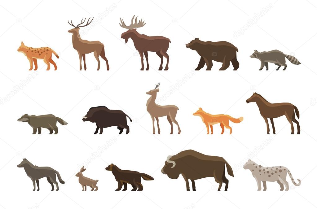 Animals icon set. Vector symbols such as lynx, deer, elk, bear, raccoon, badger, wild boar, roe , fox, horse, wolf, hare, musk ox, snow leopard, wolverine