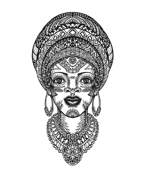 Bella donna africana in turbante. Illustrazione vettoriale disegnata a mano con elementi decorativi tradizionali — Vettoriale Stock