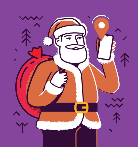 Santa Claus Con Smartphone Vector Concepto Navidad — Vector de stock