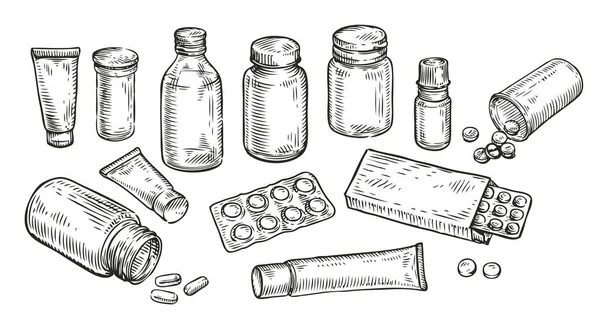 Medicinali Pillole Flaconi Schizzo Medicina Concetto Farmacia Vettore Vintage — Vettoriale Stock