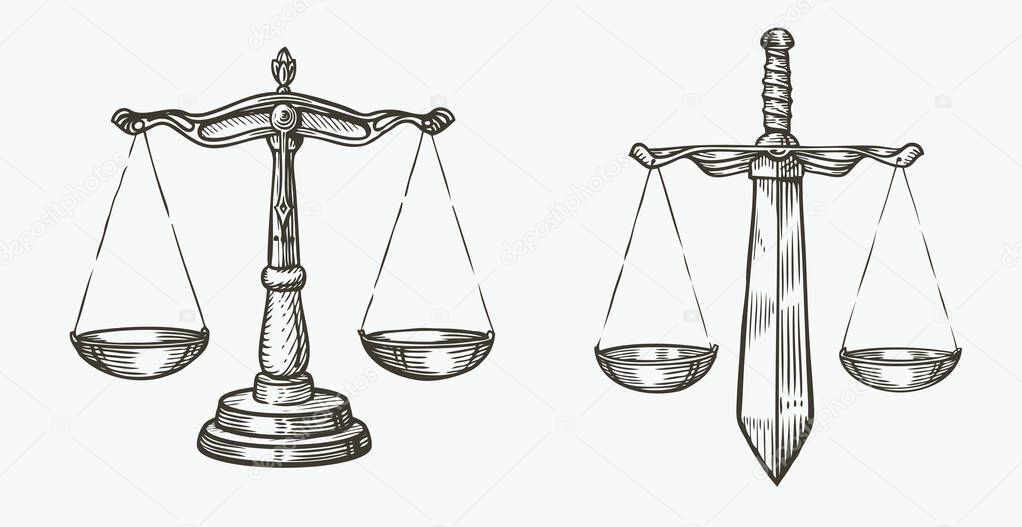 Scales of justice sketch. Jurisdiction, equity symbol vector