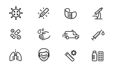 Coronavirus, covid ikon seti. Aşı tıbbı konsepti