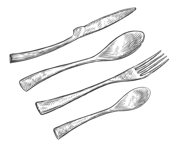 Cutlery Spoon Fork Sketch Food Concept Vintage Vector — Stock Vector