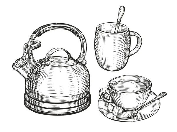 Tea Concept Sketch Kitchen Utensils Vintage Vector — Stock Vector