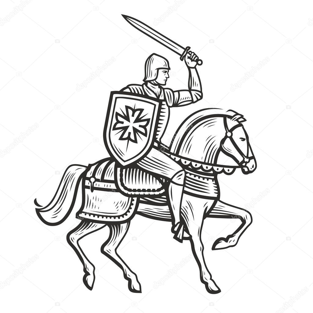 Knight in armor on horseback. Medieval heraldry symbol vector