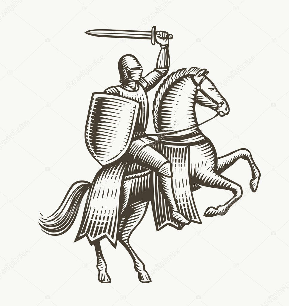 Knight in armor on horseback. Medieval heraldry symbol vector illustration