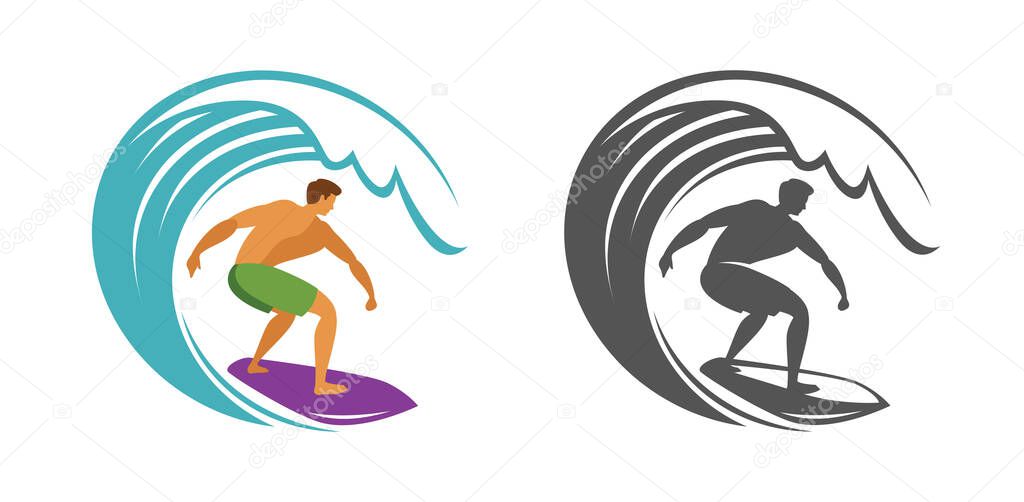 Surfing symbol. Surfer and wave emblem vector
