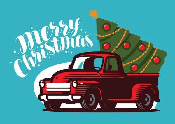 Χριστουγεννιάτικο Φορτηγό Fir Tree Διάνυσμα Ευχετήριων Καρτών — Διανυσματικό Αρχείο