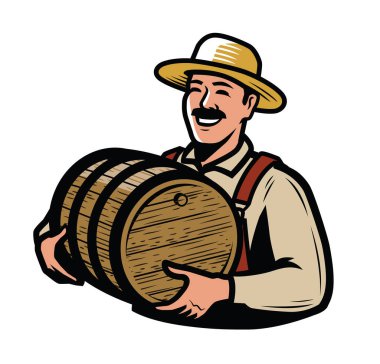 Tahta fıçısı olan çiftçi. Çiftçilik vektörü