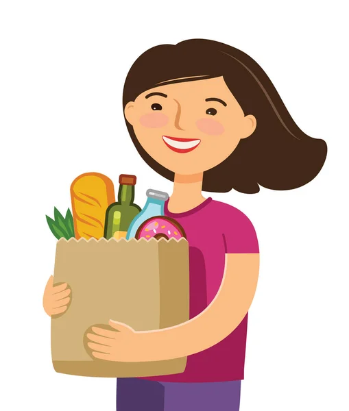 Sprzedaż Jedzenia Kobieta Trzymająca Papierową Torbę Środkami Spożywczymi — Wektor stockowy