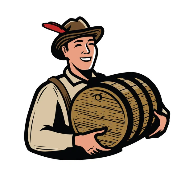 Oktoberfest Símbolo Del Festival Cerveza Hombre Con Vector Barril Madera — Vector de stock