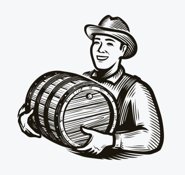 Ahşap şarap fıçısı olan çiftçi. Viski, alkol, eskiz, klasik vektör.