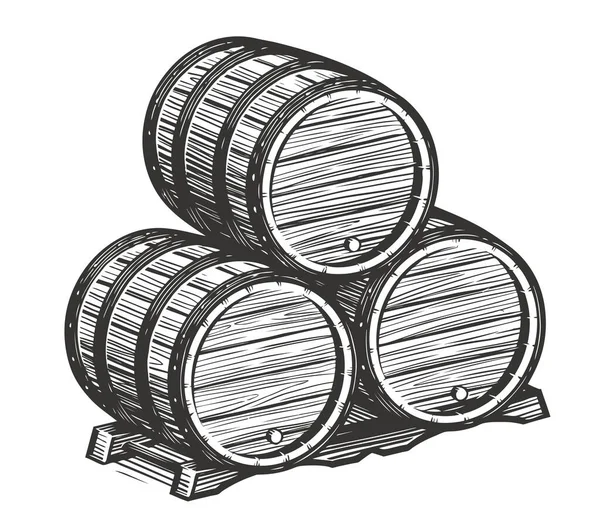 Dřevěné Sudy Náčrt Vína Vektor Vinobraní Alkoholu — Stockový vektor