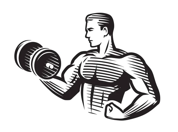 Bodybuilder Strong Muscular Man Pumping Biceps Muscles Gym — Stock Vector