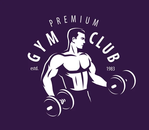 Gym Club Bodybuilder Muscular Man Pumping Biceps Muscles Dumbbells — Stock Vector