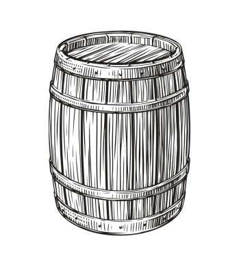 Tahta fıçı çizimi. Şarap fıçısı ve diğer alkollü içecekler.