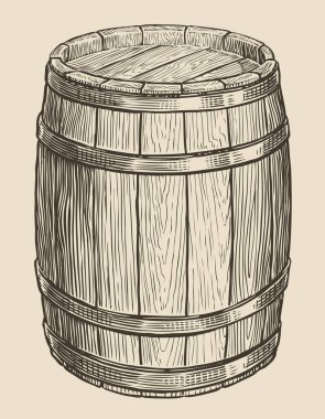 Şarap ve alkol için bir tahta fıçı. Eskiz vintage vektörü