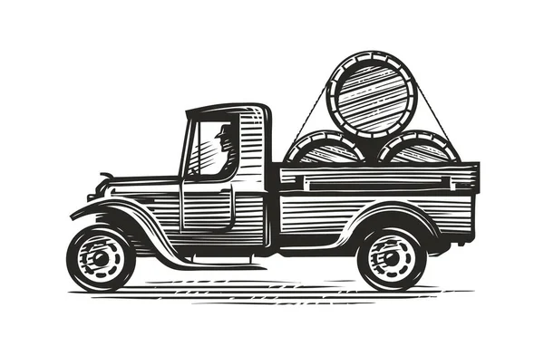 Camión Granja Retro Con Barriles Vino Otro Alcohol Agricultura Bosquejo — Archivo Imágenes Vectoriales
