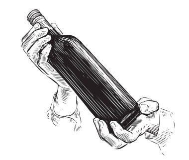 Elde bir şişe şarap. Alkolik içecek eskiz klasik vektörü