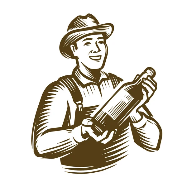 Granjero Con Una Botella Las Manos Bosquejo Vector Vintage — Vector de stock