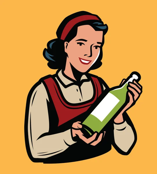 Junges Mädchen Mit Einer Flasche Olivenöl Oder Anderem Getränk Retro — Stockvektor