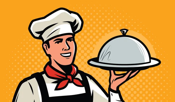 Chef Cuisinier Avec Plateau Style Pop Art Rétro Restaurant Service — Image vectorielle
