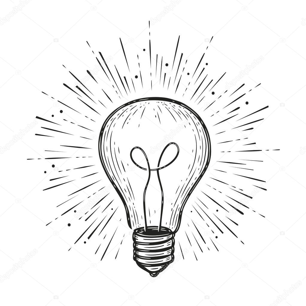 Light bulb shining. Hand drawn concept idea symbol vector