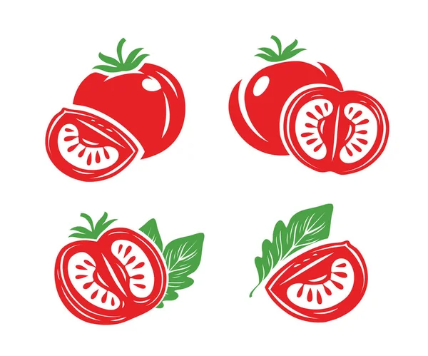 Los Tomates Rojos Frescos Establecen Símbolos Mitad Rebanada Vector Tomate — Vector de stock
