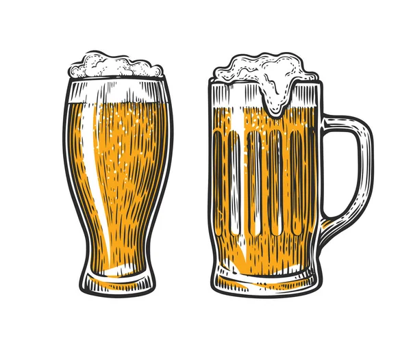 Cerveza Taza Vidrio Con Espuma Ilustración Vectorial Dibujada Mano — Vector de stock