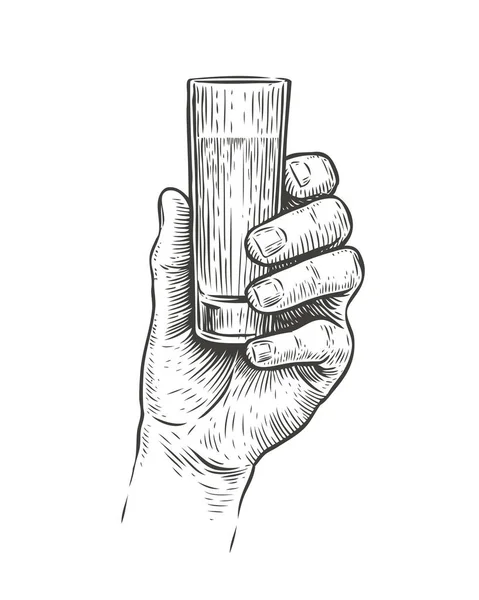 Der Hand Hält Einen Schuss Alkohol Vintage Sketch — Stockvektor