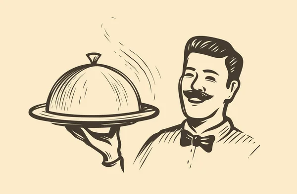 拿着盘子的服务员餐馆 食物概念草图 古董病媒 — 图库矢量图片