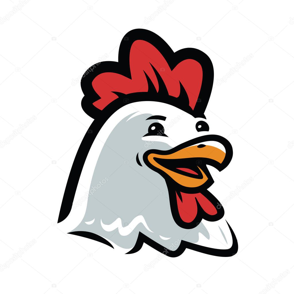 Happy cartoon chicken. Hen portrait, farm food symbol vector illustration