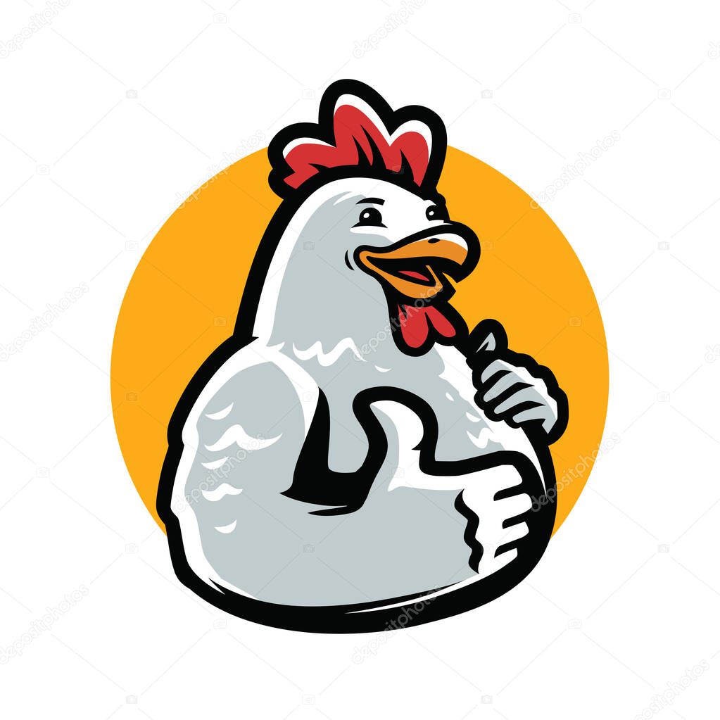 Cartoon chicken, rooster giving thumb up. Poultry farm emblem vector illustration