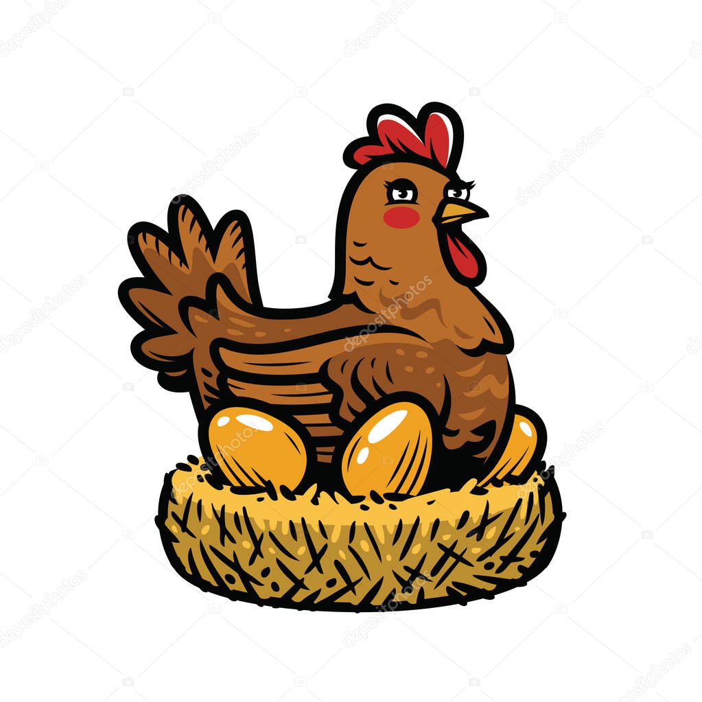 Hen laying eggs in nest. Chicken cartoon vector illustration