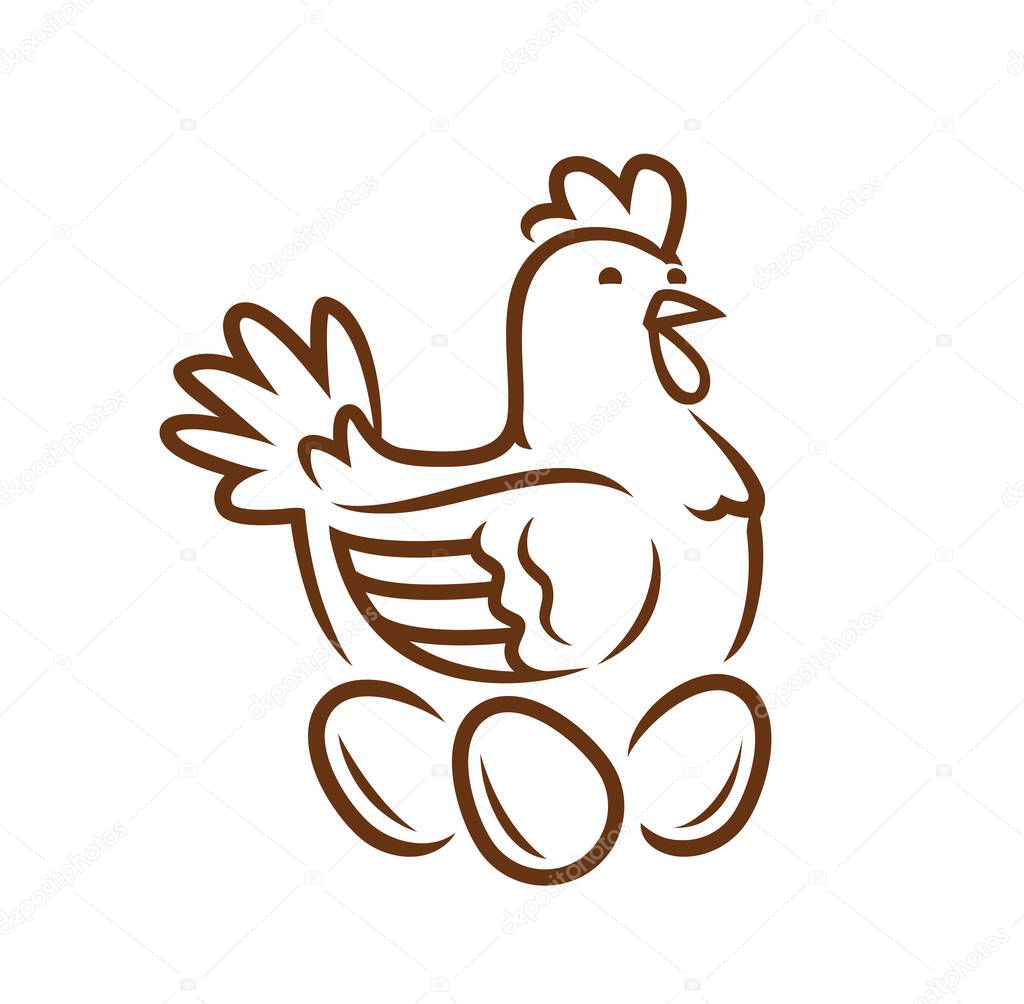Hen laying eggs in nest. Chicken logo or symbol