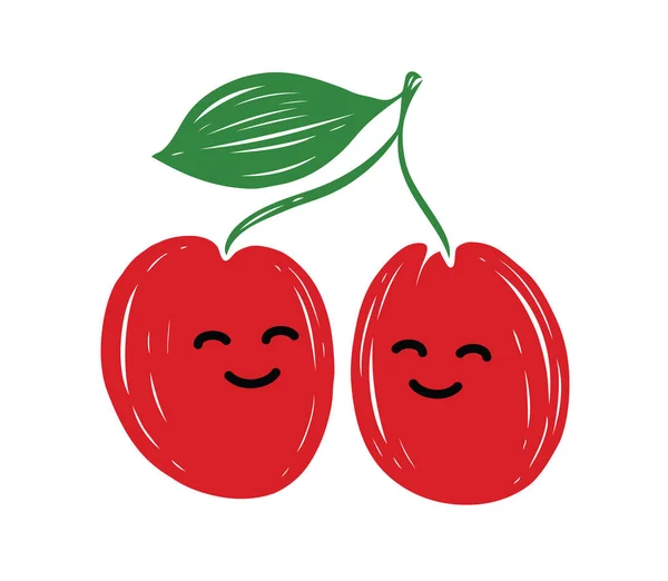 Pareja Cerezas Enamoradas Con Caras Divertido Vector — Vector de stock